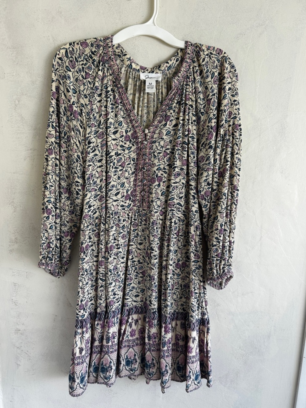 Japna Cream Floral V-Neck Tiered Mini Dress with Purple Accents